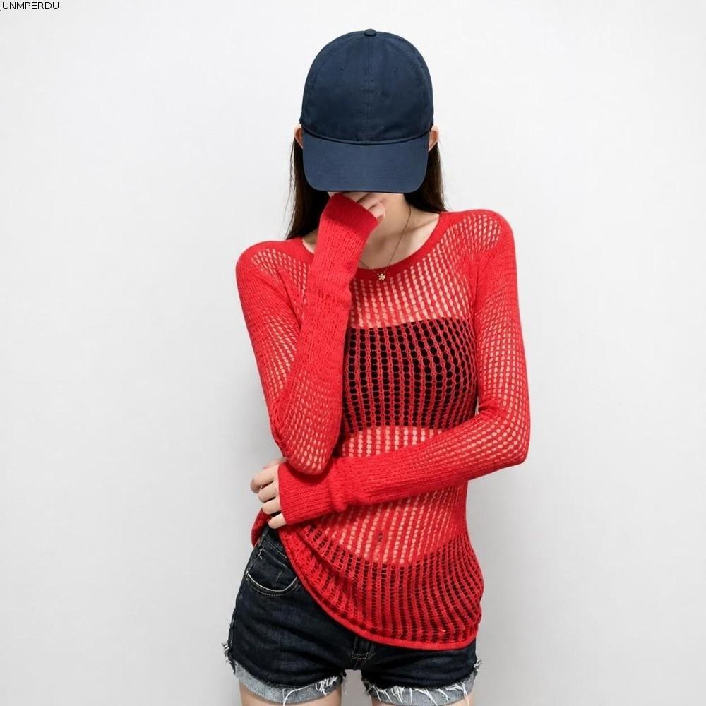 JUNMPER2R Fishnet Top, Sheer Hollow Out Mesh Tเสื้อผู้หญิง,ผอมSlim Fit Softฤดูร้อนดูผ่านเสื้อยืดออกแ