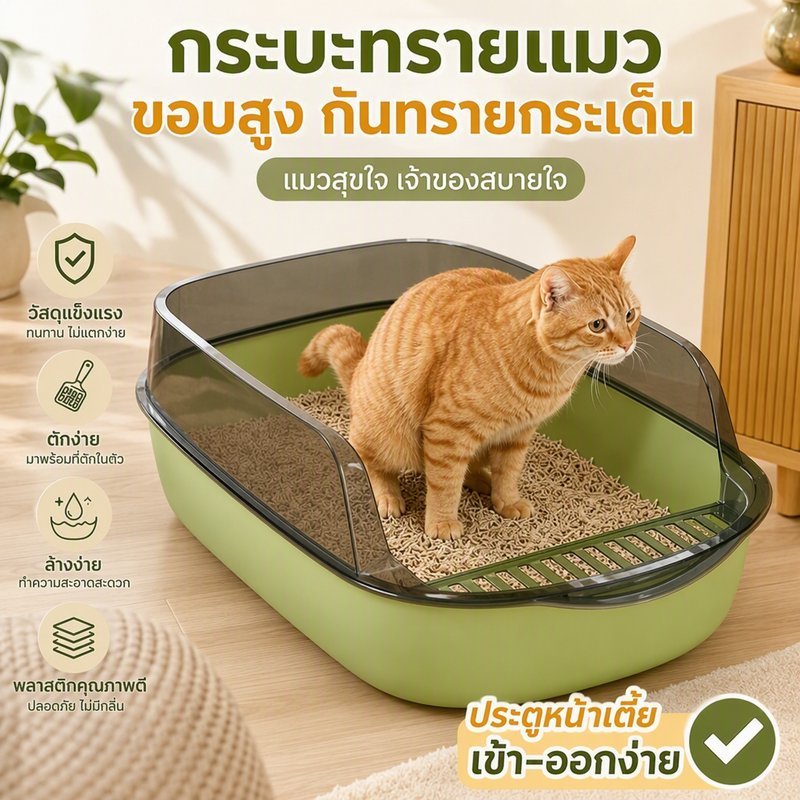 ห้องน้ำแมว ห้องน้ำแมวใหญ่ ขอบสูง กันทรายกระเด็น พร้อมที่ตักทราย พลาสติกPP ประเภทกึ่งปิด