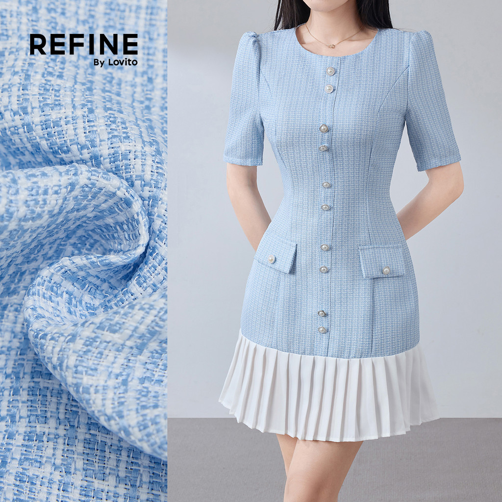 (Refine by Lovito) เดรสผู้หญิงสีฟ้า ตัดสีสดใส จีบพลีต ผ้าเย็นสบาย เหมาะกับฤดูใบไม้ผลิและฤดูร้อน LR35E103