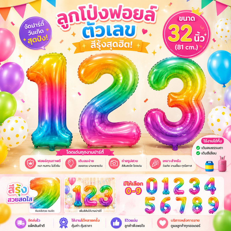(ร้านไทย) เลข32นิ้ว ลูกโป่งฟอยล์ ตัวเลข ลูกโป่งเลข สีสันสดใส สำหรับตกแต่งวันเกิด
