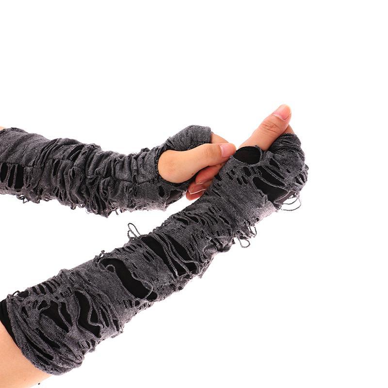 [FFV] 1 คู่เซ็กซี่ Gothic Fingerless ถุงมือถุงมือฮาโลวีน Bla Ripped Holes Decor คอสเพลย์ถุงมือสําหรั