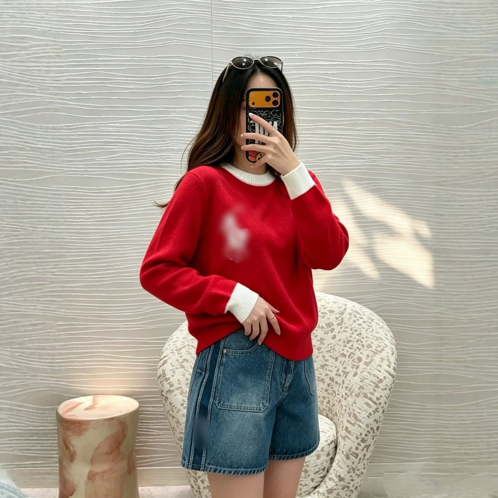 RLL/* 26ต้นฤดูใบไม้ร่วงสไตล์ใหม่สีคมชัดรอบคอถักแขนยาวลําลองด้านบนผู้หญิง