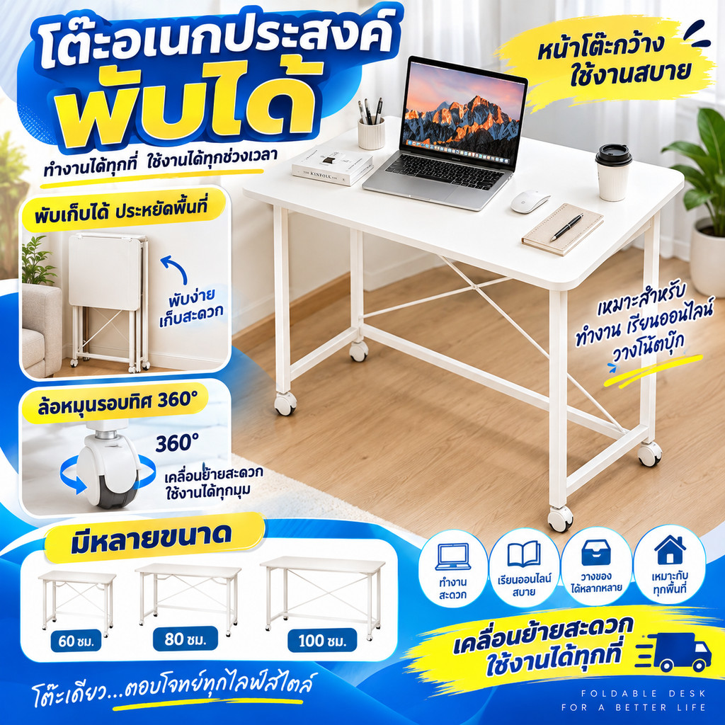 โต๊ะพับได้มีล้อเลื่อนหมุน 360 องศา เคลื่อนย้ายสะดวก พับเก็บประหยัดพื้นที่ มีหลายขนาด ใช้ได้ทั้งทำงาน เรียนและวางของ