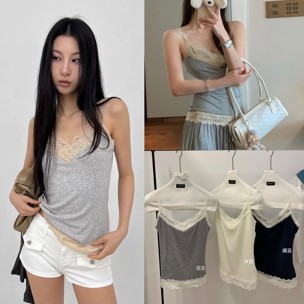 ❤ 🧵 🇰🇷 W10945 เสื้อสายเดี่ยวทรงสวย แต่งขอบลูกไม้ระบายทั้งช่วงคอและชายเสื้อเพิ่มความเซ็กซี่ แฟชั่นเกาหลี TAG WG.WE 🧵🧡
