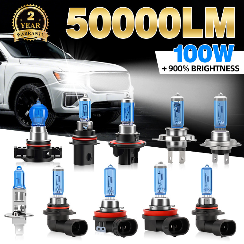 100W Super White หลอดไฟหน้าฮาโลเจน, 50000LM โคมไฟทดแทนรถยนต์ที่สว่างเป็นพิเศษ, Fit H4 H7 H1 H11 9005