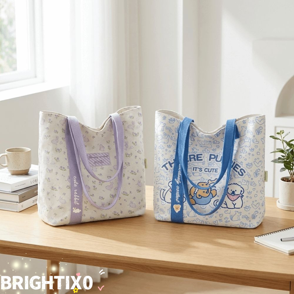 BRIGHTIX0 Tote Bag,สไตล์น่ารักการ์ตูนสุนัขพิมพ์กระเป๋าสะพาย,ทนทานสายคล้องไหล่ Canva ซิปปิดทุกวันพกพา
