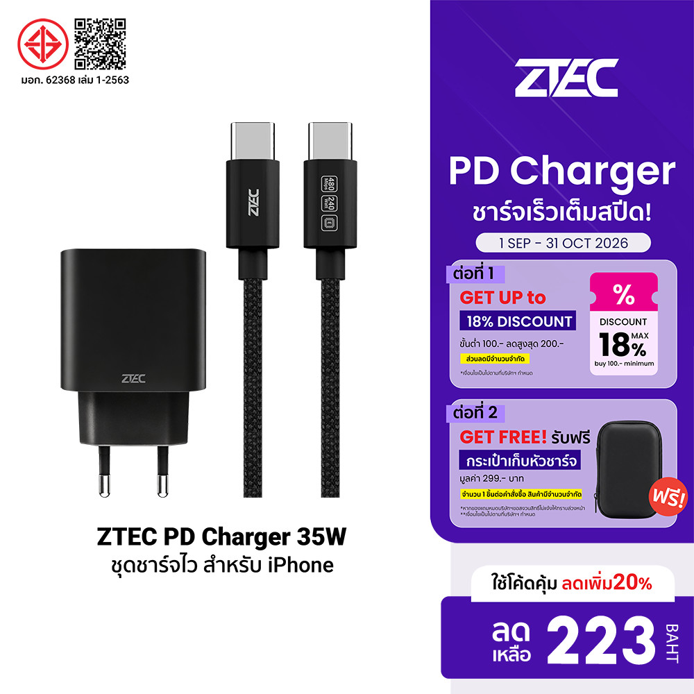(ชุดชาร์จเร็ว) ZTEC Set iPhone ZA353 หัวชาร์จ 35W / ZA453 45W / ZA654 65W + สายชาร์จ Type C 240W -2Y