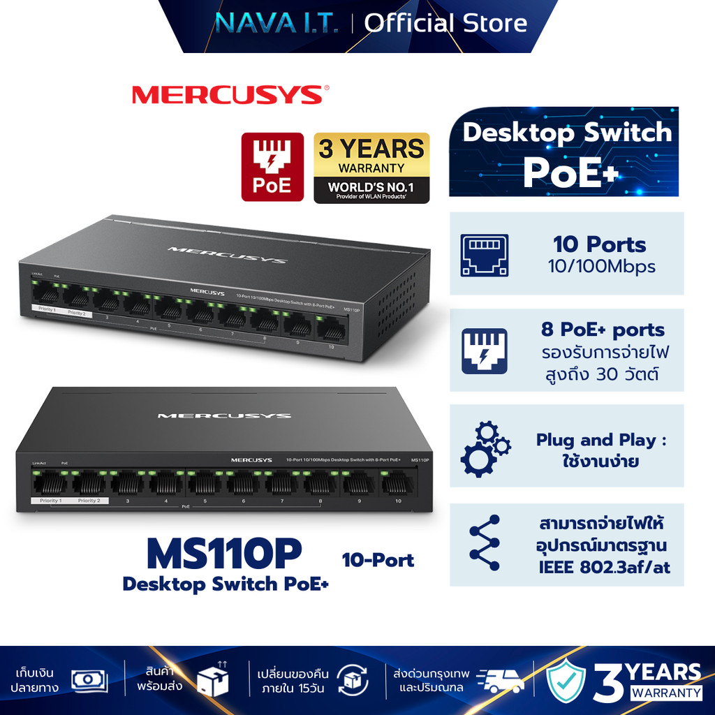 MERCUSYS MS110P POE+ 10-PORT 10/100MBPS DESKTOP SWITCH WITH 8-PORT POE+ รับประกันศูนย์ไทย