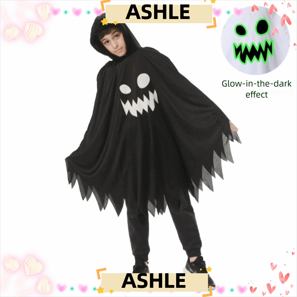 ASHLE ชุดฮาโลวีน, ผ้าคลุมไหล่เคปสีขาวสีดํา Ghost คอสเพลย์ Cape, เด็กแต่งตัว Ghost Face Design เรืองแ