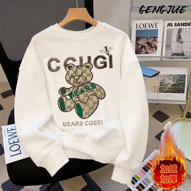 COD 2025 European Station Printed Bear Round Neck Fleece Sweatshirt Men's Trendy Brand Fashion Autum