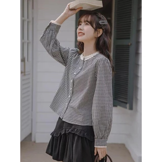 Red Berryเสื้อเชิ้ตแขนยาวคอกลมลายสก๊อตสไตล์ย้อนยุคฝรั่งเศสสำหรับผู้หญิง99217
