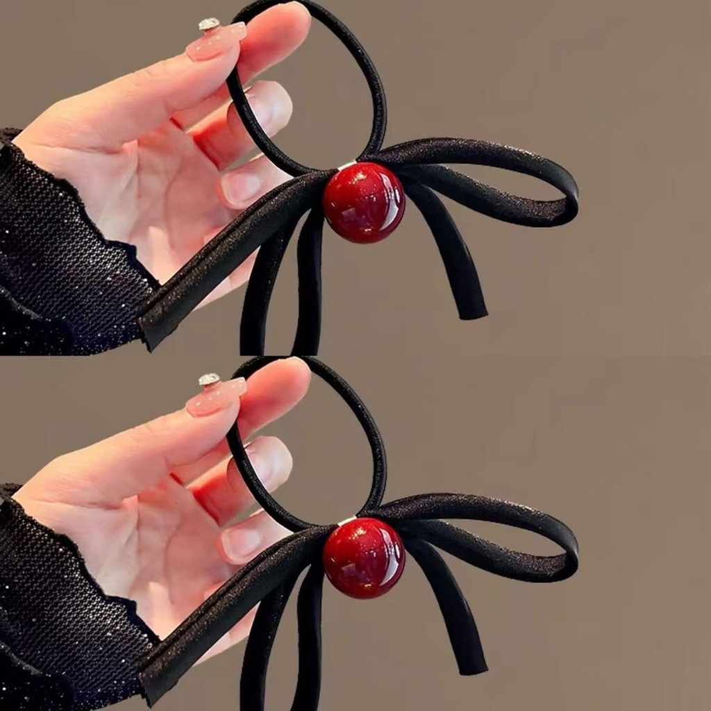 Bowknot เชือกผมเวอร์ชั่นเกาหลีสีดำ มีลูกปัดสีแดง สไตล์คลาสสิกสำหรับหางม้า