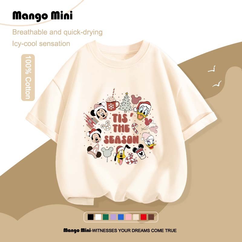 เสื้อยืดเด็ก Merry Christmas มิกกี้ เมาส์ Mickey Mouse ผ้าฝ้ายแท้ ตัดเย็บดี เสื้อเชิ้ตเด็ก ลายพิมพ์การ์ตูนน่ารัก