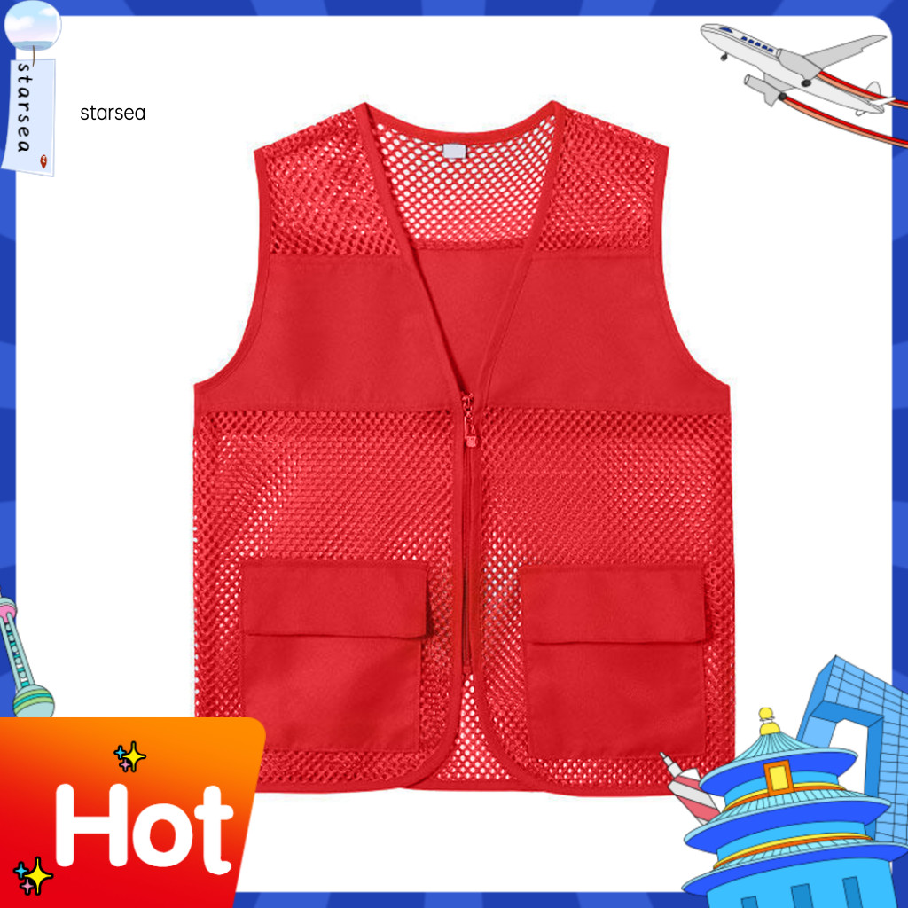 SRA ZK Hollow Out Zipper Placket กระเป๋าคู่ V คอทํางานเสื้อกั๊กอาสาสมัครสีสดใสหลวม Fit Unisex เสื้อก