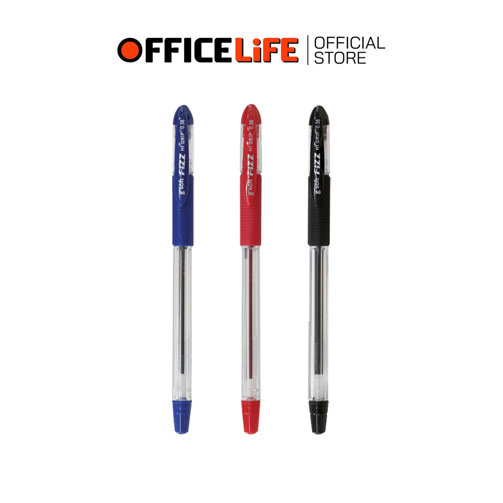 G’Soft (จีซอฟท์) ปากกาลูกลื่น ปากกา รุ่น Fizz Hi-Grip ขนาดหัว 0.38 มม. หมึกน้ำเงิน / ดำ / แดง ( 1 ด้