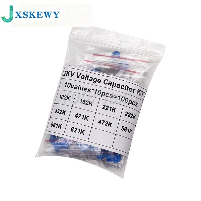 100pcs 2KV แรงดันไฟฟ้าเซรามิค Capacitor Assortment Kit 2KV 102K 152K 221K 222K 332K 471K 472K 561K 8