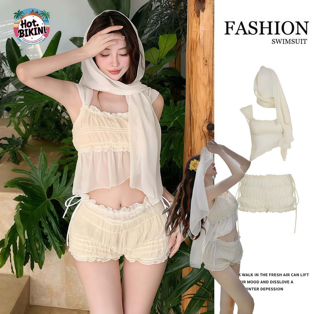 🧡Hot.Bikini🧡ทูพีช เสื้อครอป+กางเกงขาสั้น รุ่นใหม่ มีฟองน้ำ ผ้ายับ  ชุดว่ายน้ำผู้หญิง ส่งไวจากไทย