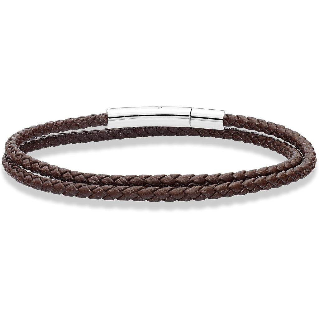 Miabella Genuine Italian Double Wrap Braided Leather Bracelet for Men Women, Stainless Steel Clasp, 