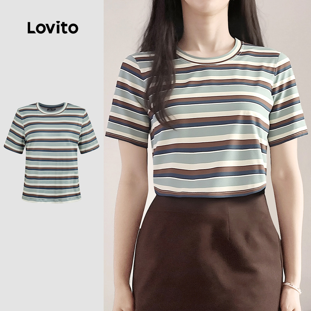 Lovito เสื้อยืดคอวีแบบสบาย ๆ สายข้างเรียบง่าย สำหรับฤดูใบไม้ผลิ/ฤดูร้อน ผู้หญิง L155ED633