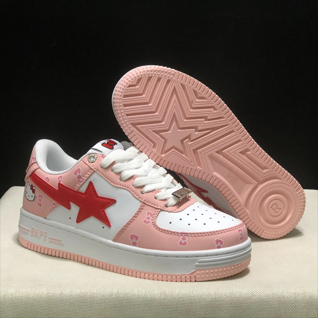 Bape Sta รองเท้าบอร์ดลําลองตัดต่ําแมวสีชมพูที่ทนต่อการสึกหรอและสะดวกสบาย