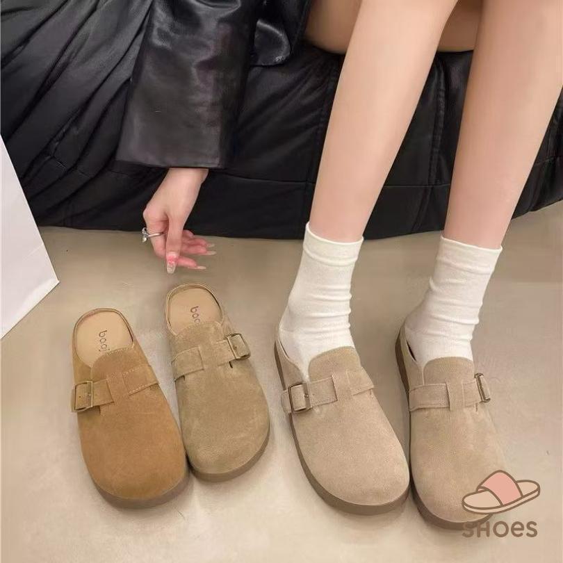 H-Retail Store รองเท้าลำลองสไตล์เรโทรสไตล์เกาหลี รองเท้าส้นแบน กลางแจ้งขี้เกียจ รองเท้าเบอร์เคนสตอค วัสดุหนังกลับ BB014