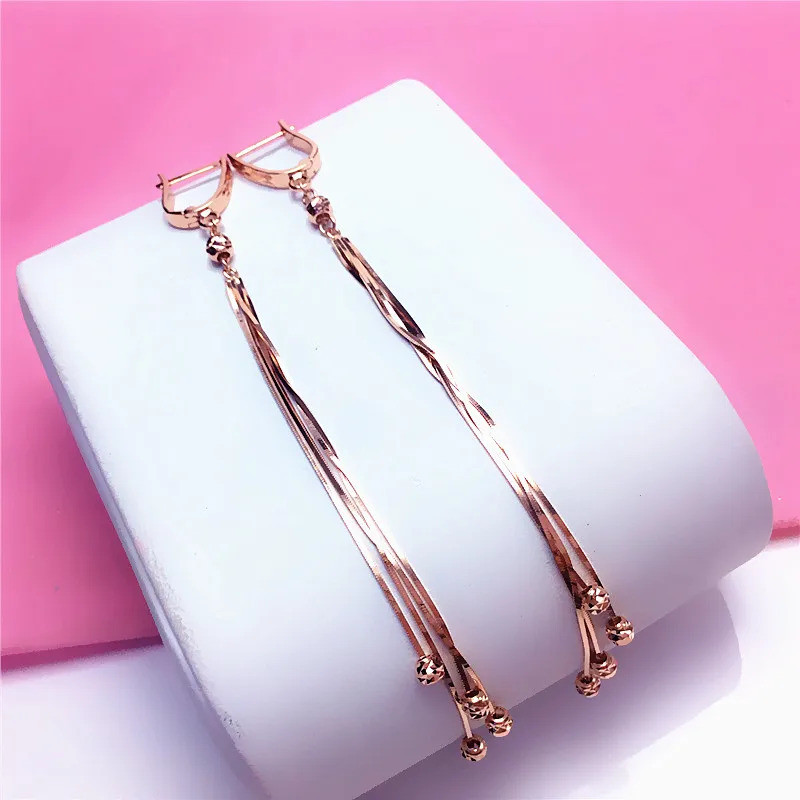 New in Shiny Snake Bone Tassel Bead earings 585 Purple Gold Buckle Plated 14K Rose Gold Classic earr