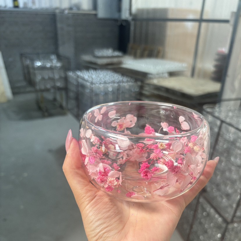 [Island Story] ชามแก้วดอกไม้แห้ง Gypsophila สองชั้น | ชามขนมป้องกันการกระเด็นฉนวนกันความร้อนสองชั้น 