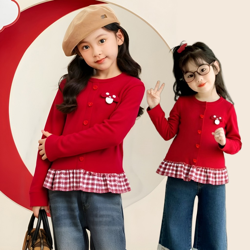 เสื้อสเวตเตอร์แขนยาวสีแดงสำหรับเด็กผู้หญิง ออกแบบมาในสไตล์ฤดูใบไม้ร่วงที่น่ารักและสวมใส่ง่าย - รูปที่ 4