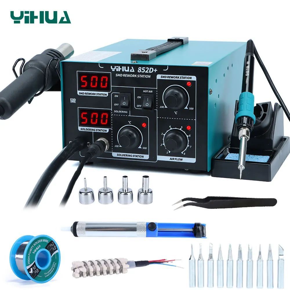 YIHUA 852D + สถานีบัดกรีปั๊มลม Hot Air Rework Station จอแสดงผลดิจิตอลเชื่อมซ่อม Desoldering Station 
