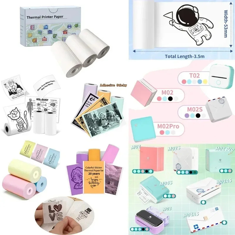 Must-Have 53mm Mini Thermal Printer Stickers Paper, Multicolor Photo Printer Labels Paper, For M02/t