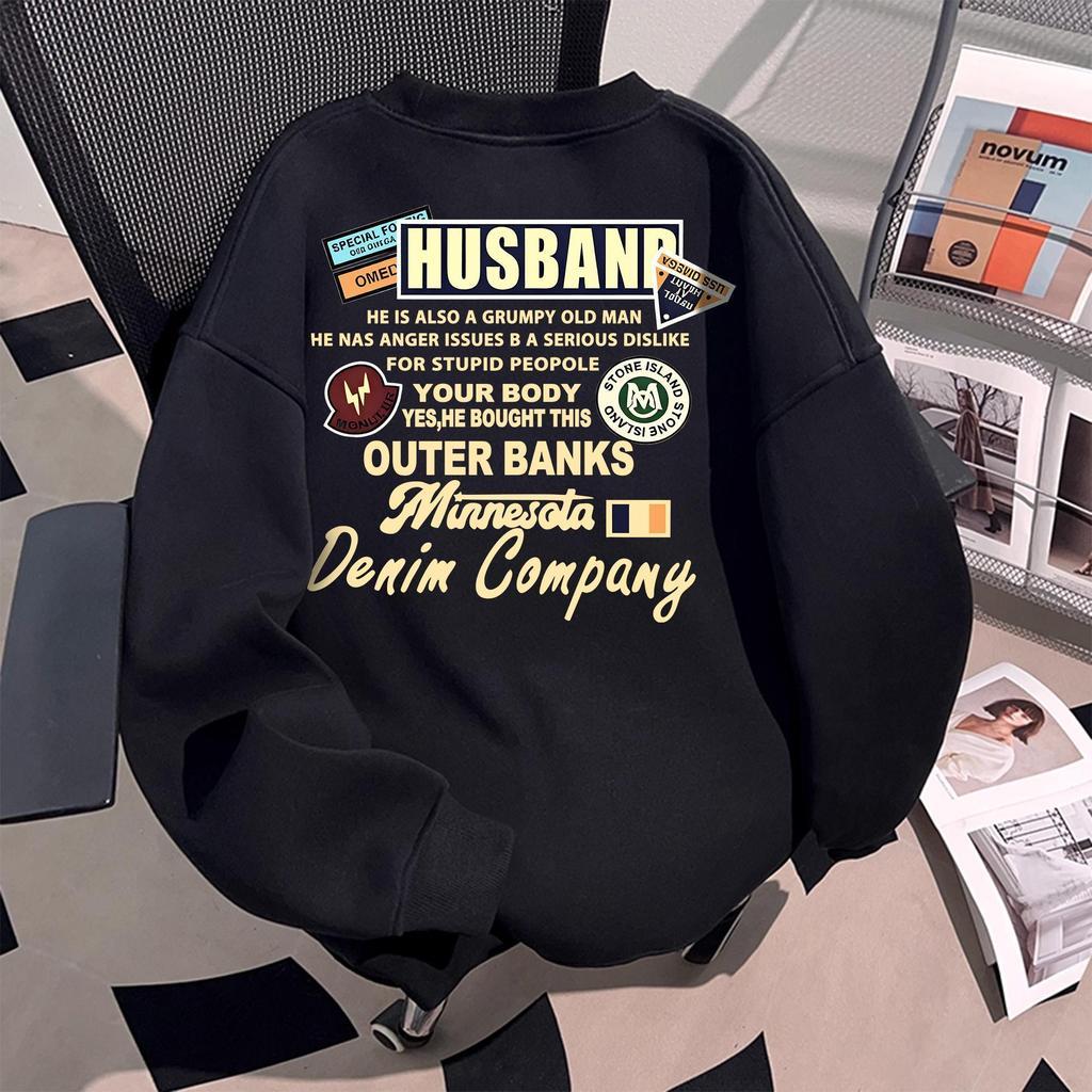 Y-T🧸 เสื้อกันหนาวแขนยาว คอกลม ทรงหลวม ลายตัวอักษร HUSBAND สไตล์เกาหลี ผ้าสำลีเนื้อนุ่ม