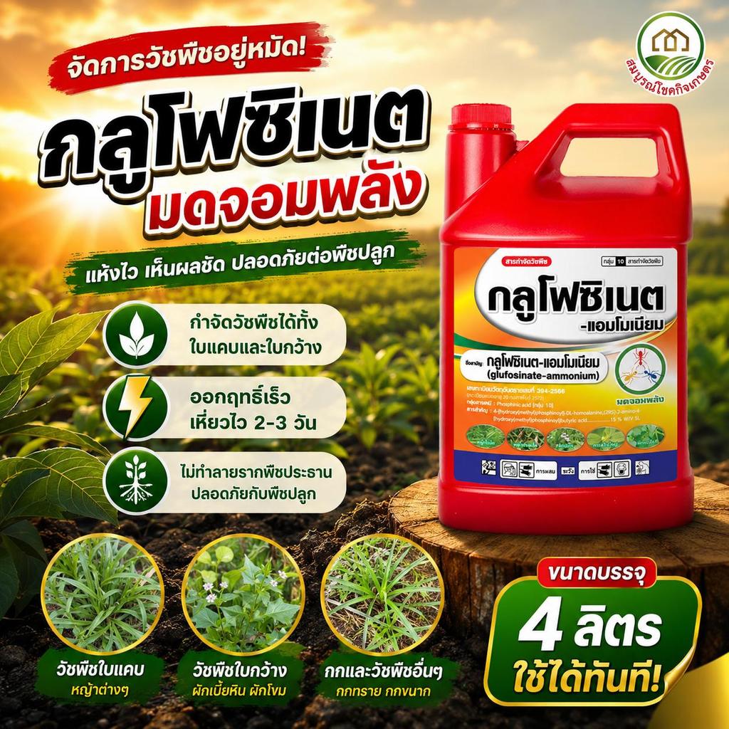 กลูโฟซิเนต 15 (มดจอมพลัง) แกลลอนสีแดง ขนาด 4 ลิตร ยาฆ่าหญ้า ทำให้หญ้าตายเป็นฟาง ใช้กับหญ้าทุกชนิด ระยะปลอดฝน 3 ชั่วโมง
