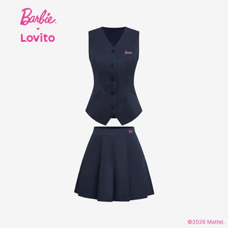 (New Arrival) Barbie™ X Lovito เสื้อท็อปสีน้ำเงินราชินีผู้หญิง ฤดูใบไม้ผลิ/ร้อน ไม่มีแขน คอวี เอวกลาง ขากว้าง กระดุมหน้า ปักลายและร่องหน้า เกาหลี อินเทรนด์ LBL5AD019