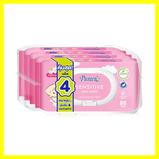 Pureen Wet Wipe Sensitive [80 Sheets x 4pcs] เพียวรีน เบบี้ไวพส์ สูตรเซนซิทีฟ.