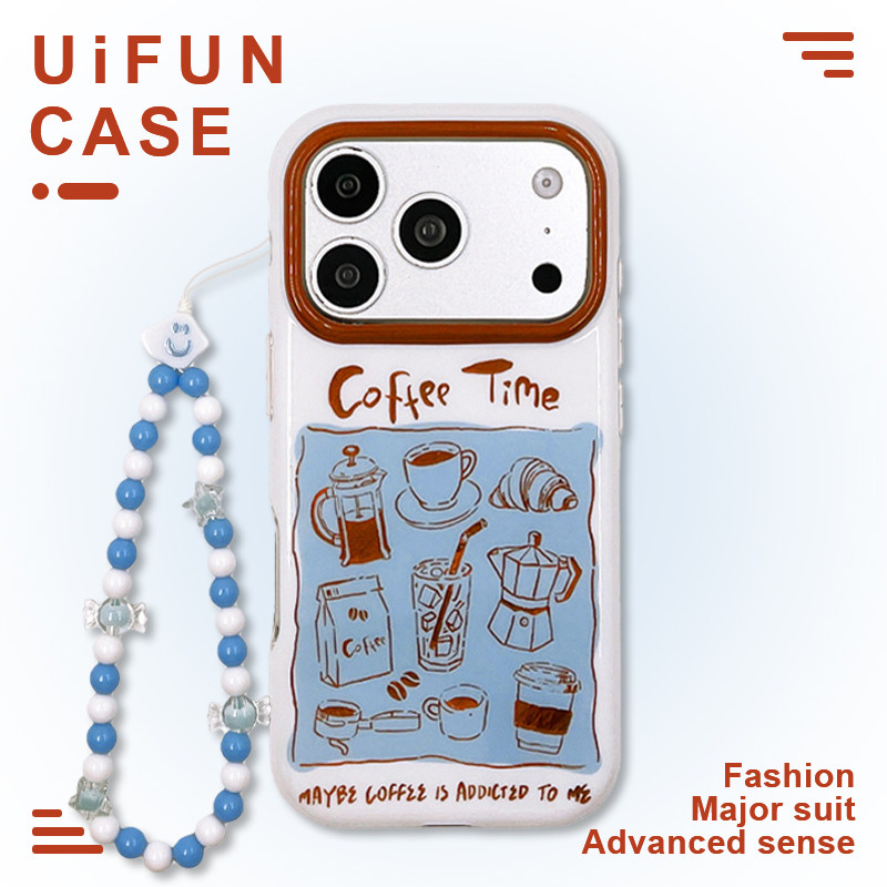 Simple Line รูปแบบกาแฟ Blue Chain Big Hole โทรศัพท์มือถือสําหรับ iPhone 17 16 15 Pro Max Dirt ทนกล้องป้องกัน IMD ปกหลัง Shell