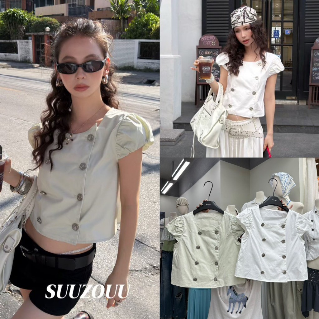 ❤ 🧵 🇰🇷 SU380 เสื้อครอปแขนตุ๊กตา ดีไซน์ กระดุมคู่สุดคลาสสิก แต่งกระดุมเพิ่มความหรู แฟชั่นเกาหลี TAG MM Fish 🧡