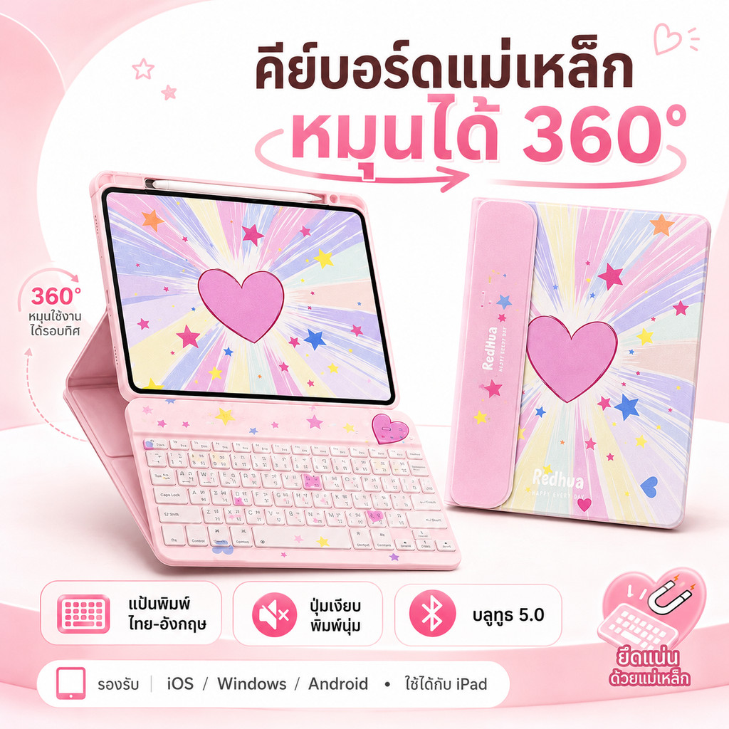 เคสคีย์บอร์ด iPad หมุนได้360° for gen11 A16 gen10 Air11 Air8 Air7 Air6/5/4 Pro11 M5M4 gen7/gen8/gen9 Air3 เคสน่ารัก