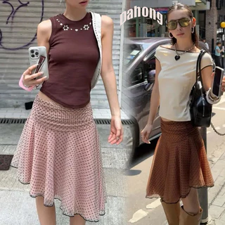Dahong 99515 กระโปรงเอวต่ำ*ปลายเบี่ยง กระโปรงสั้นลายจุดพิมพ์ y2k สำหรับผู้หญิง อีเว่อี้ต่ำและยืดหยุ่น ผ้าตาข่าย