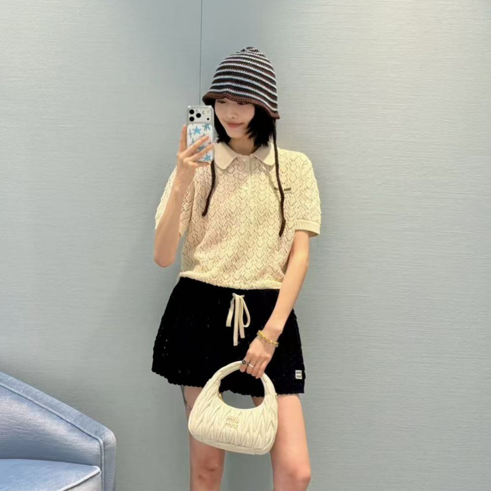 9GSG MIU ฤดูร้อน Preppy สไตล์ Slimmer ดูรอบคอสีทึบ Hollow ปกแขนสั้นเสื้อถัก