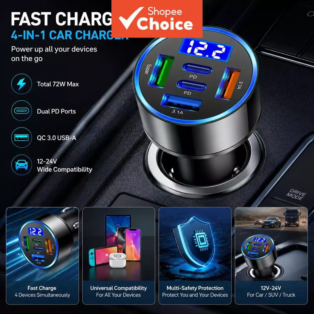 ที่ชาร์จรถยนต์ 5 พอร์ต อะแดปเตอร์ชาร์จเร็วแบบ USB-C PD QC3.0 สําหรับ iPhone, Samsung, Huawei, Xiaomi