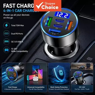 ที่ชาร์จรถยนต์ 5 พอร์ต อะแดปเตอร์ชาร์จเร็วแบบ USB-C PD QC3.0 สําหรับ iPhone, Samsung, Huawei, Xiaomi