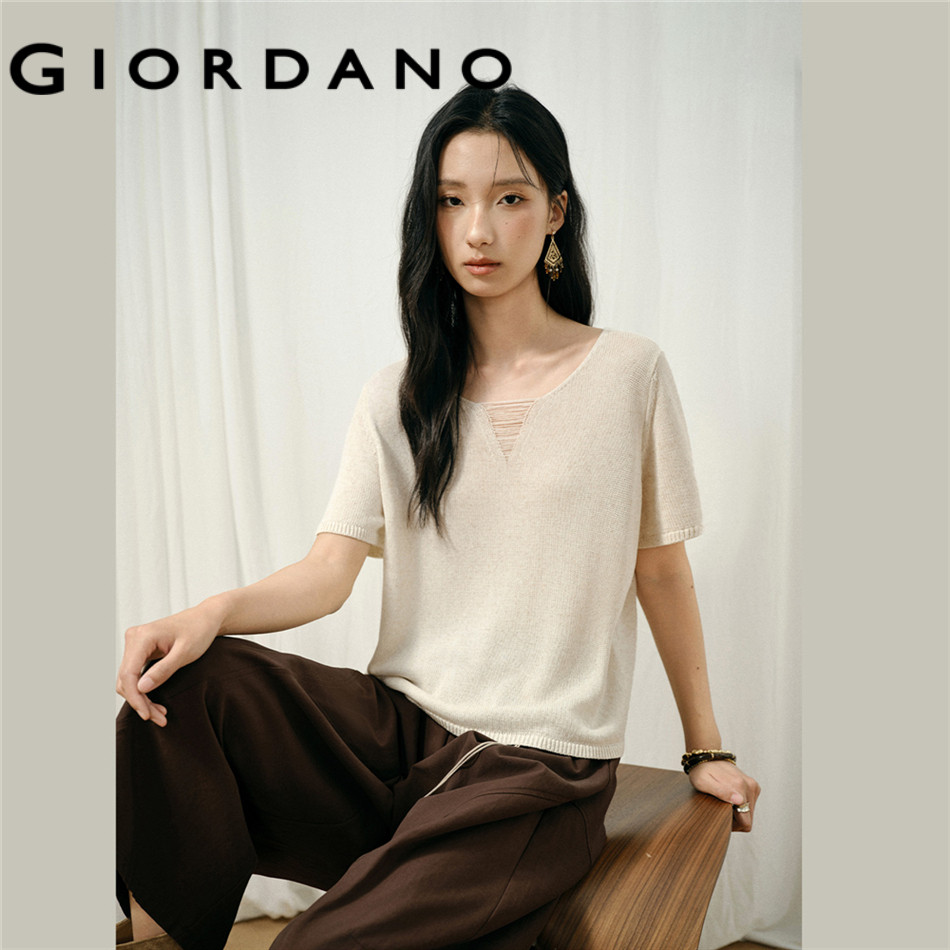 GIORDANO WOMEN Linen-blend notch neck short sleeve knitwear 18356716