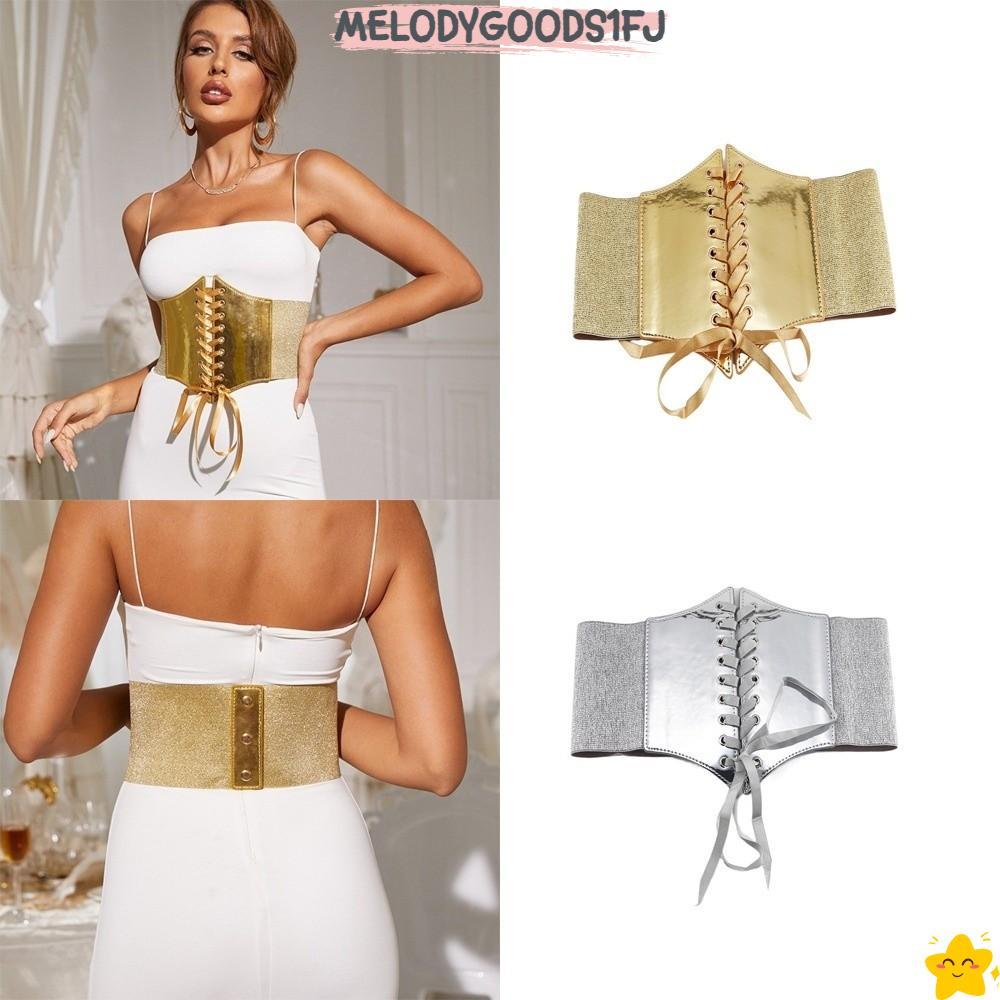 MELODYGOODS1FJเข็มขัดเอว,Lace Up PUหนังกว้างเข็มขัด,อเนกประสงค์ทองเงินRetro Elastic Designสายรัดเอวสําหรับผู้หญิง