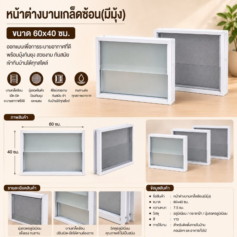 หน้าต่างบานเกล็ดซ้อน ขนาด 60x40 ซม. หน้าต่างระบายอากาศสำเร็จรูป (มีมุ้ง) พร้อมส่ง