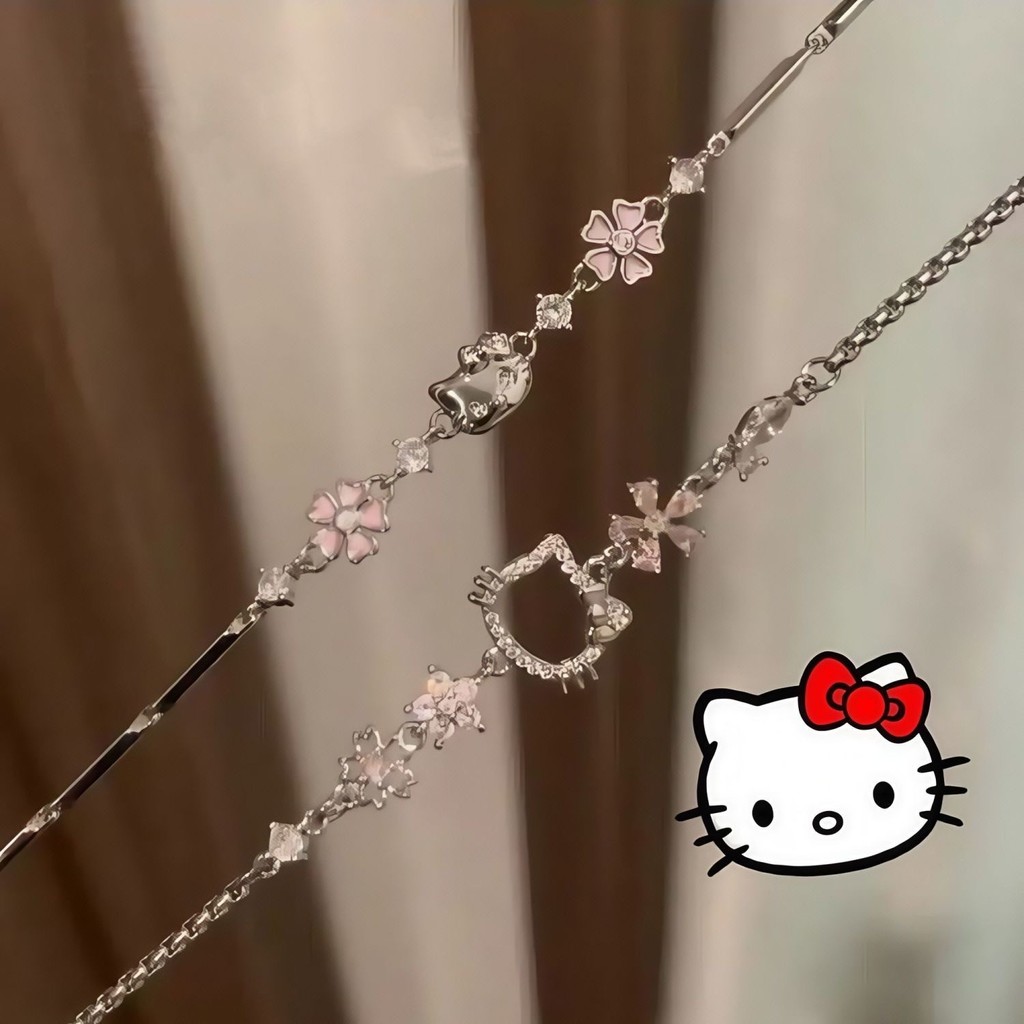 น่ารัก Sanrio hellokitty Pink Diamond Cherry Blossom Bracelet Female Light Luxury High-value Niche D