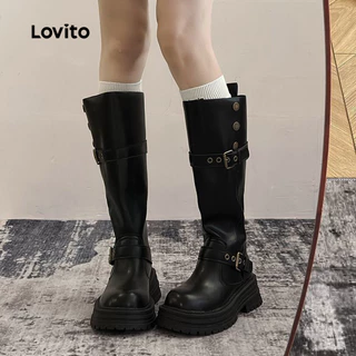 Lovito แคชชวล รองเท้าบูทแคชชวลแบบแพลตฟอร์ม สไตล์เรโทร ใช้ได้ทุกฤดู สีดำ สำหรับผู้หญิง LFA86075
