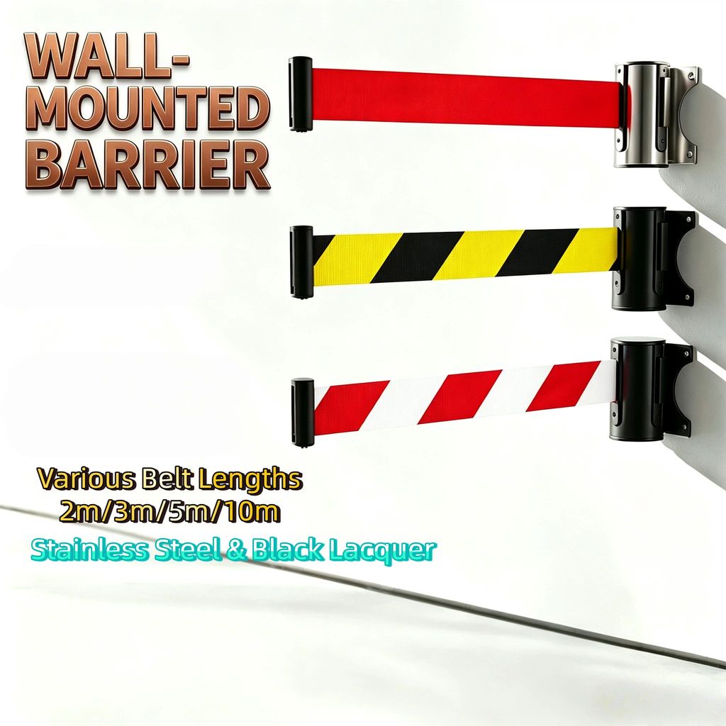 Magnetic Wall Mount Retractable Barrier Stanchion สีดําสีเหลืองความปลอดภัยเข็มขัด Quue Line Divider 