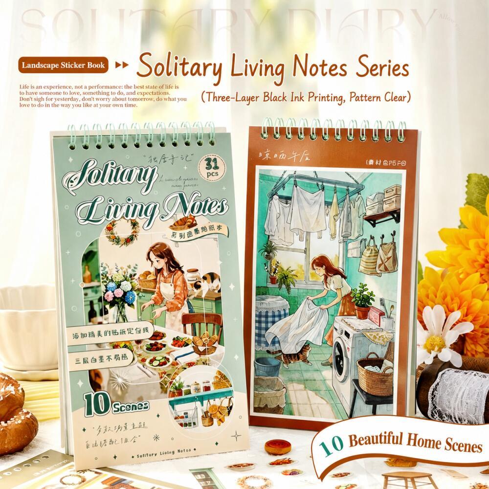 WEI 31 ชิ้น [Solo Living Notes Series] สติ๊กเกอร์ภูมิทัศน์ Cat Play ซักรีดเปียโนสตูดิโออาหารค่ํา Botanical Garden Journal Stationery Decor