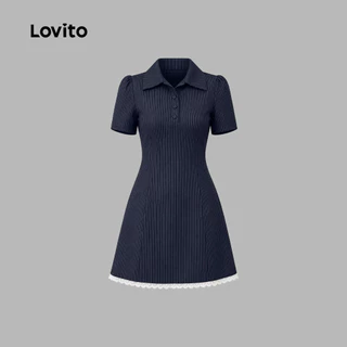 Lovito สง่างาม ชุดเดรสผู้หญิงแบบกระดุมลูกไม้ สีกรมท่าสำหรับฤดูใบไม้ผลิ/ฤดูร้อน เกาหลี อินเทรนด์ L151AD311