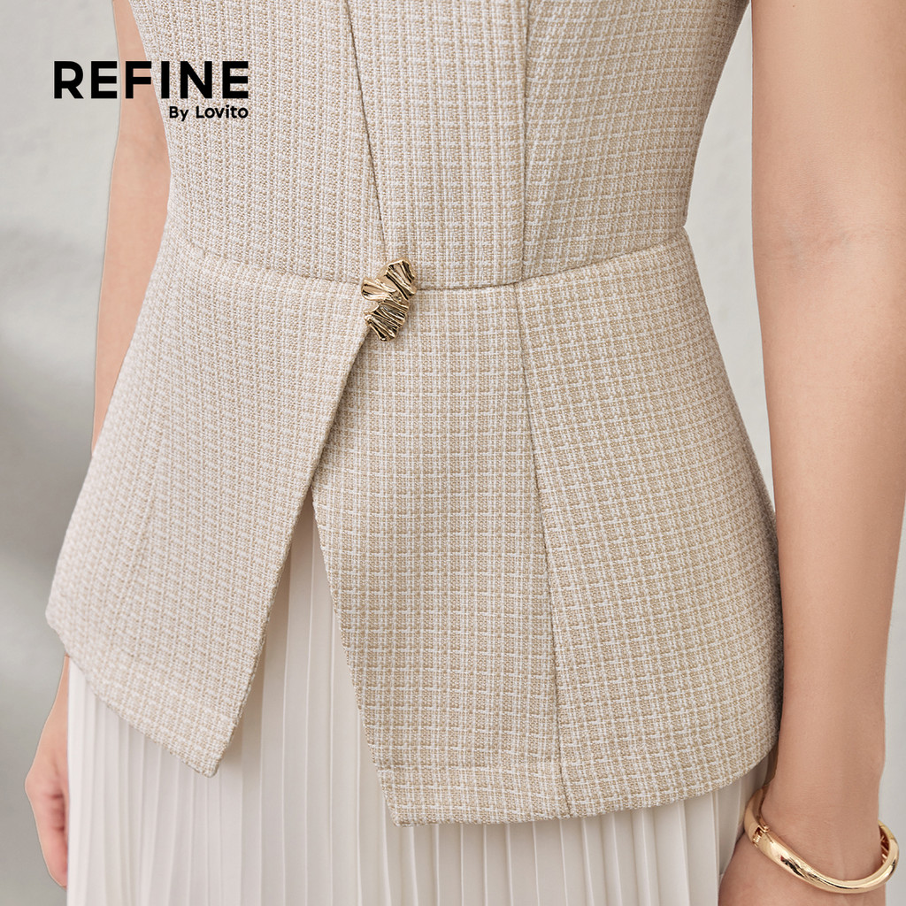(Refine by Lovito) เดรสทำงาน ผ้าทวีด ดักซับเหงื่อ ต่อผ้า พลีท ลายโลหะ เดรสผู้หญิง ฤดูใบไม้ผลิ-ฤดูร้อน DRR42P1D011 — صورة 8